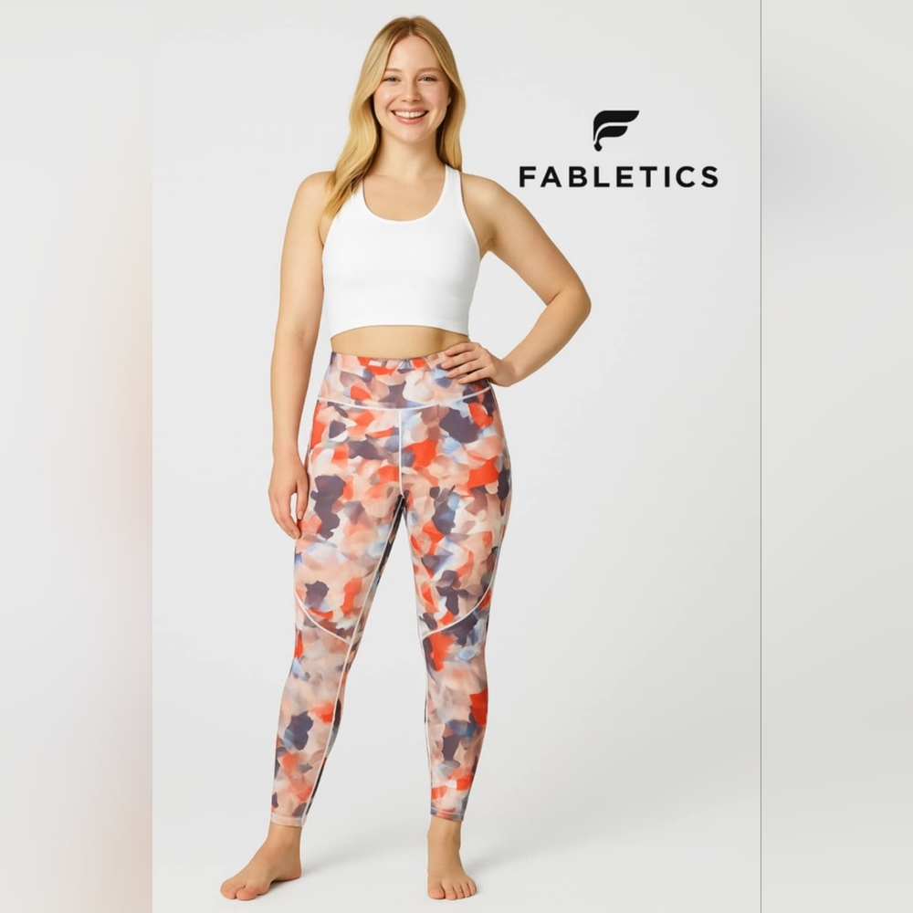 Fabletics Powerhold High Waist Vibrant Red and Blue Leggings Yoga Athletic LARGE